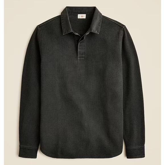 J.Crew Waffle-knit Rugby Shirt Mens L Black Cotton Pullover Button Cuff Collared - Picture 1 of 7